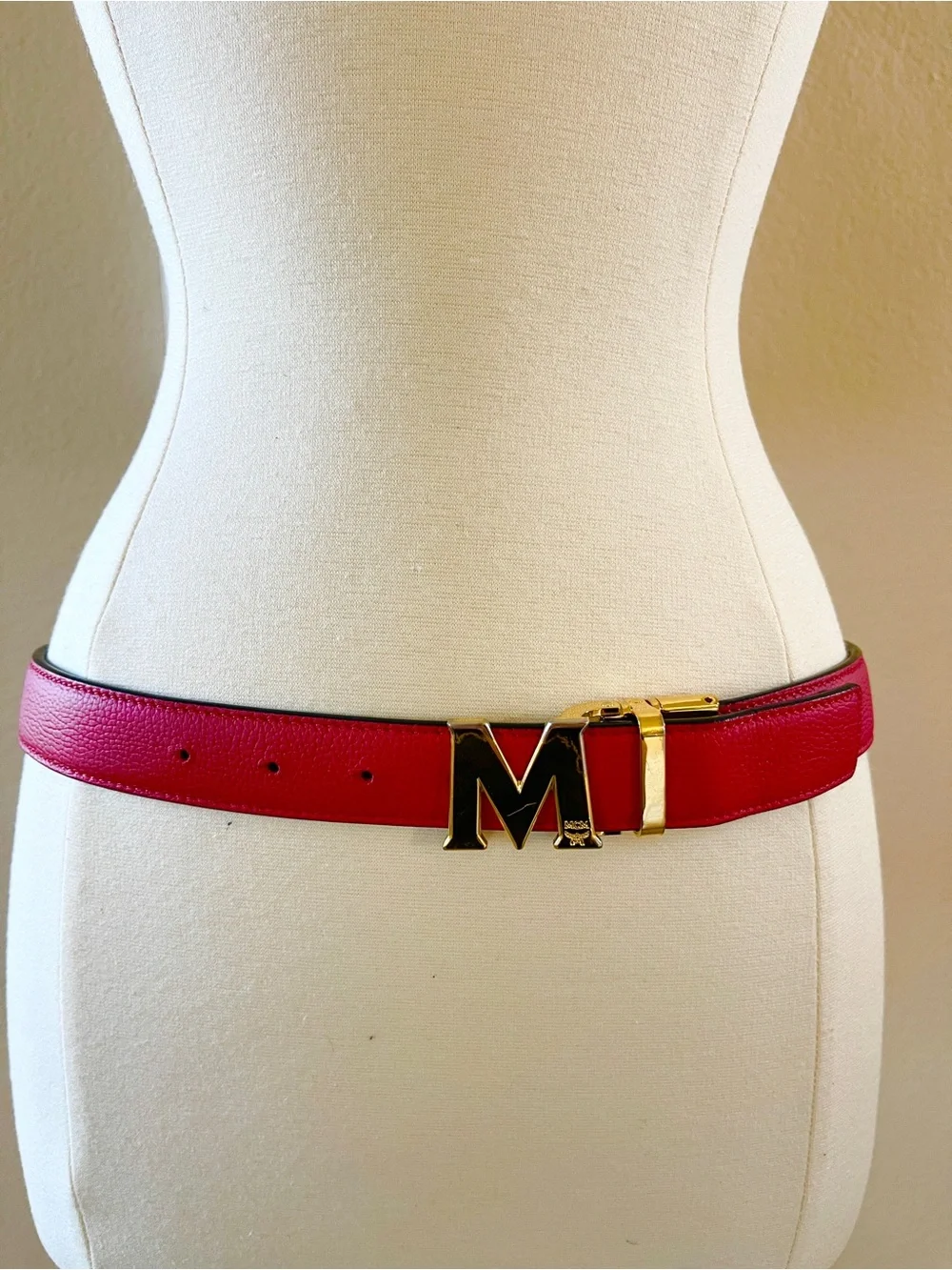 MCM reversible Cognac Monogram & red Leather Belt with Gold M Buckle